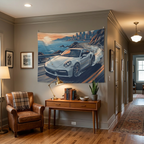 Porsche 911 Car Coastal Road Tapestry Sunset Print Wall Art