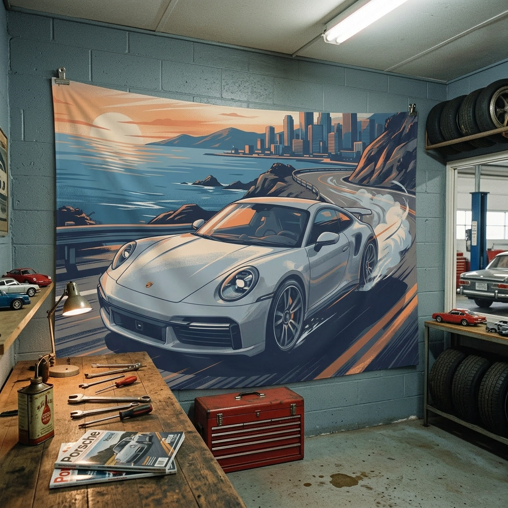 Porsche 911 Car Coastal Road Tapestry Sunset Print Wall Art