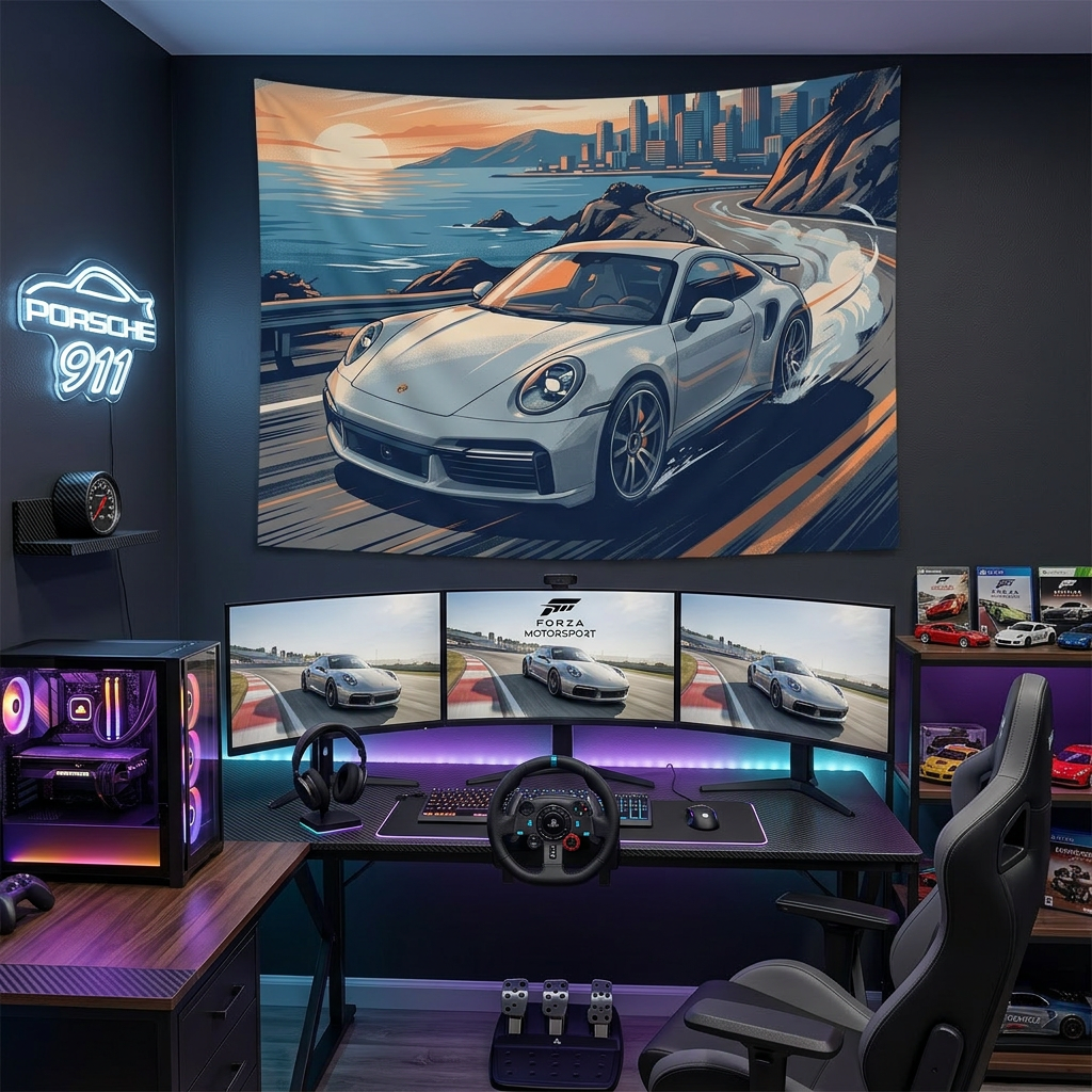 Porsche 911 Car Coastal Road Tapestry Sunset Print Wall Art