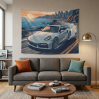 Porsche 911 Car Coastal Road Tapestry Sunset Print Wall Art