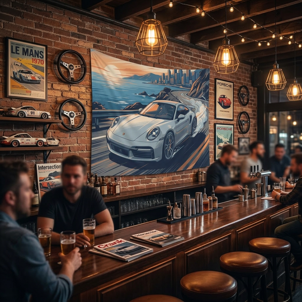 Porsche 911 Car Coastal Road Tapestry Sunset Print Wall Art
