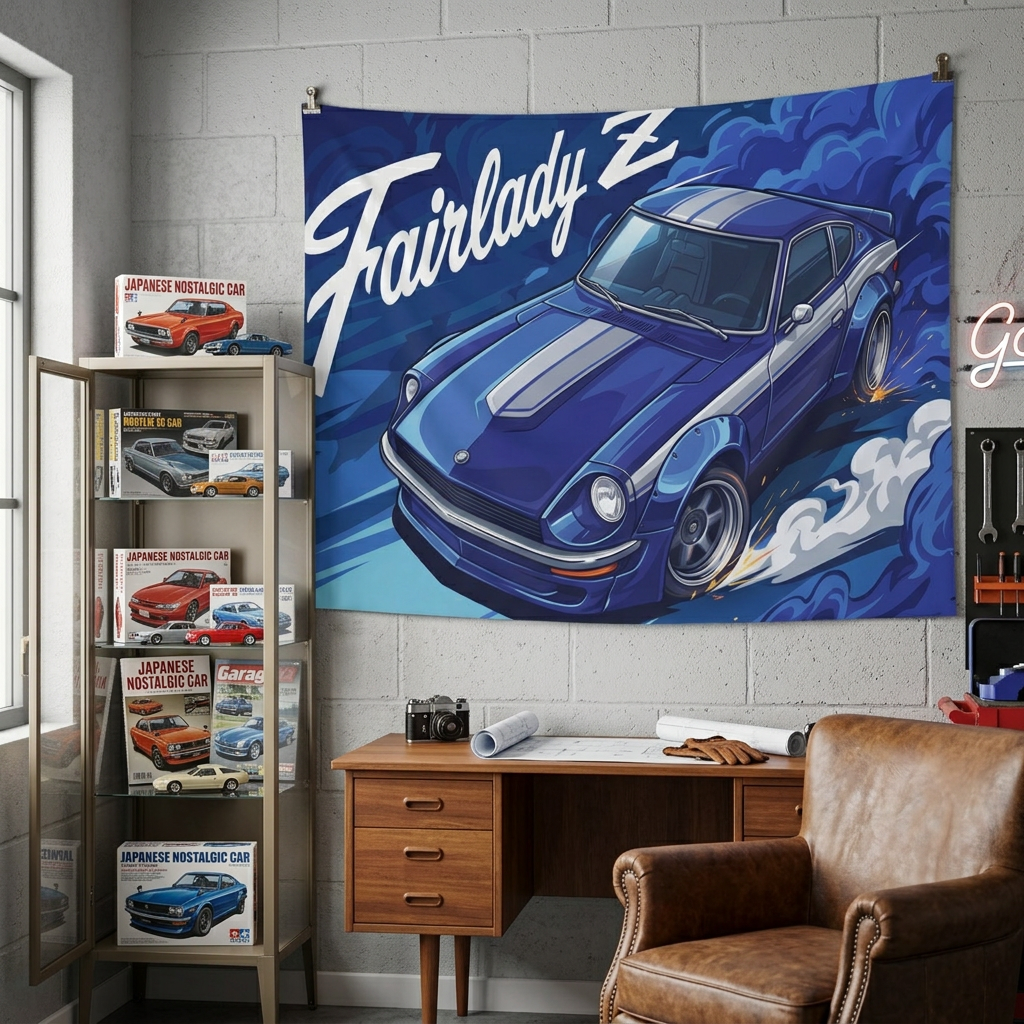 Datsun Fairlady Z S30 Blue Silver Stripe Aerial Bold Graphic Car Wall Art Tapestry