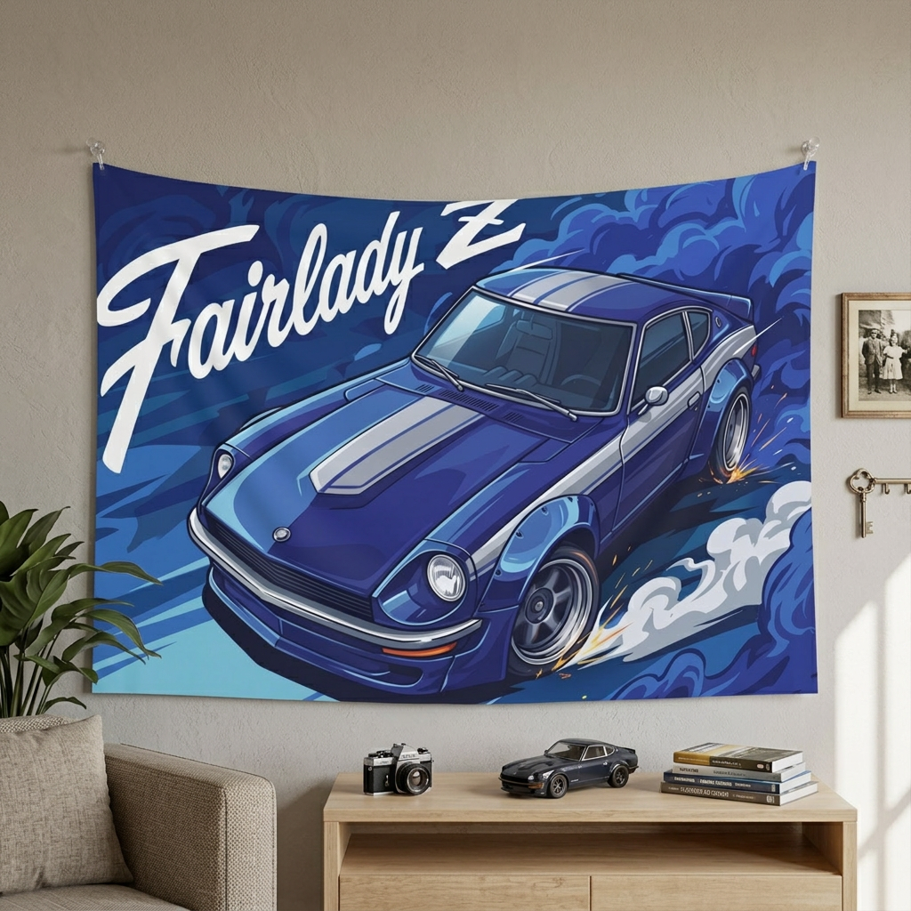 Datsun Fairlady Z S30 Blue Silver Stripe Aerial Bold Graphic Car Wall Art Tapestry