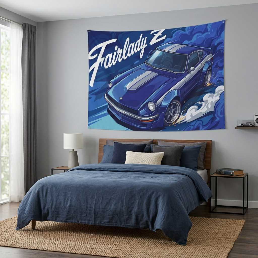Datsun Fairlady Z S30 Blue Silver Stripe Aerial Bold Graphic Car Wall Art Tapestry