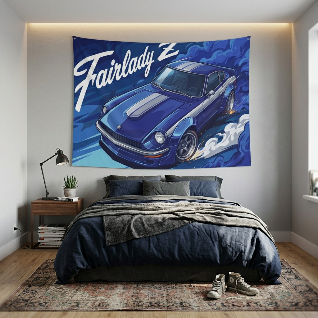 Datsun Fairlady Z S30 Blue Silver Stripe Aerial Bold Graphic Car Wall Art Tapestry