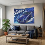 Datsun Fairlady Z S30 Blue Silver Stripe Aerial Bold Graphic Car Wall Art Tapestry