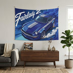 Datsun Fairlady Z S30 Blue Silver Stripe Aerial Bold Graphic Car Wall Art Tapestry