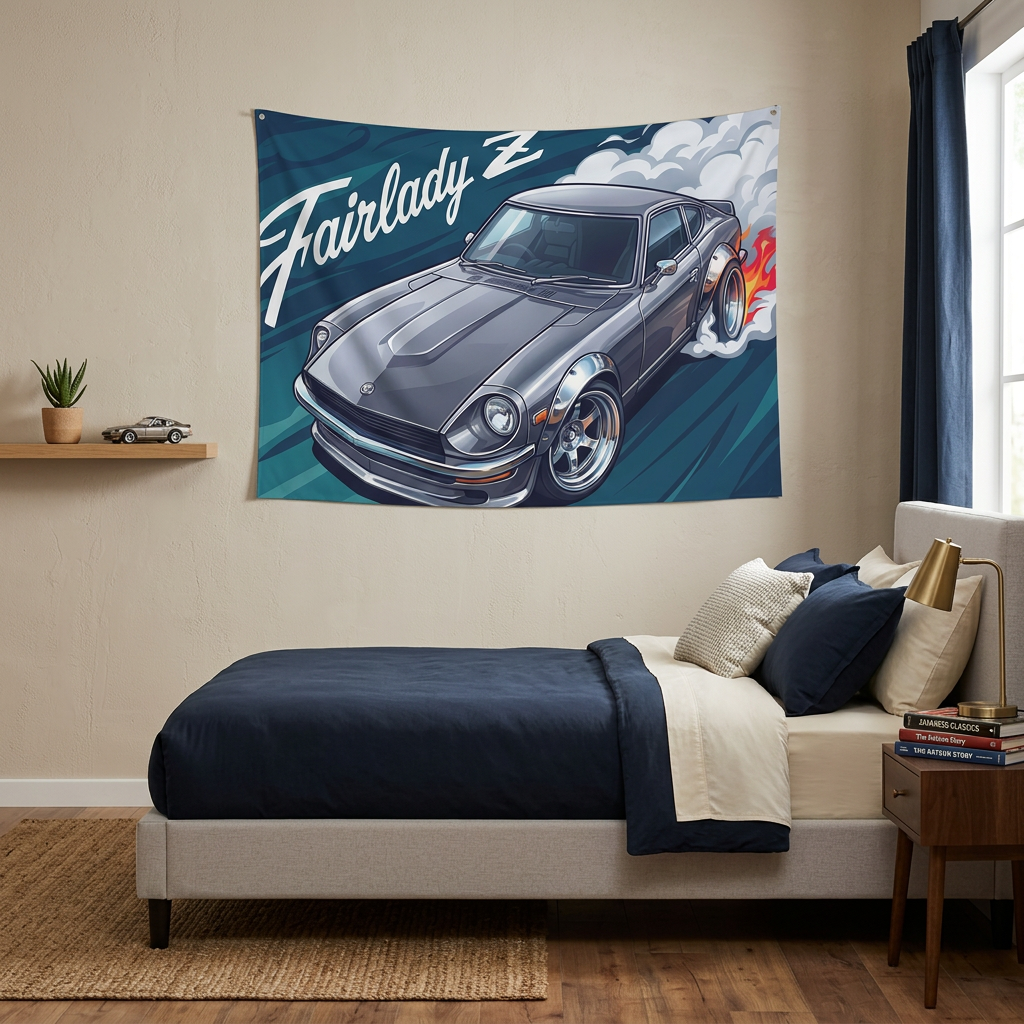 Datsun Fairlady Z S30 Grey Chrome Wheels Aerial Bold Graphic Car Wall Art Tapestry