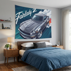 Datsun Fairlady Z S30 Grey Chrome Wheels Aerial Bold Graphic Car Wall Art Tapestry