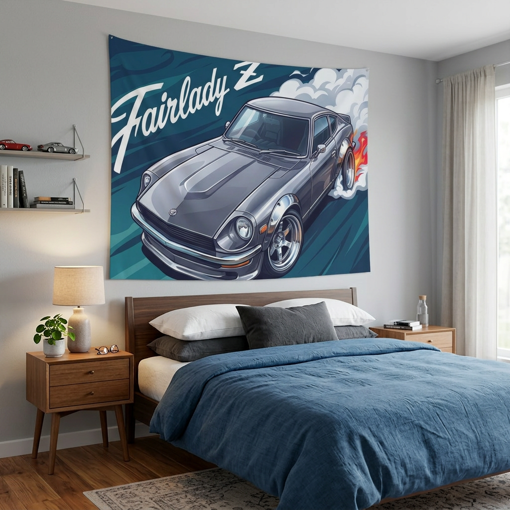 Datsun Fairlady Z S30 Grey Chrome Wheels Aerial Bold Graphic Car Wall Art Tapestry