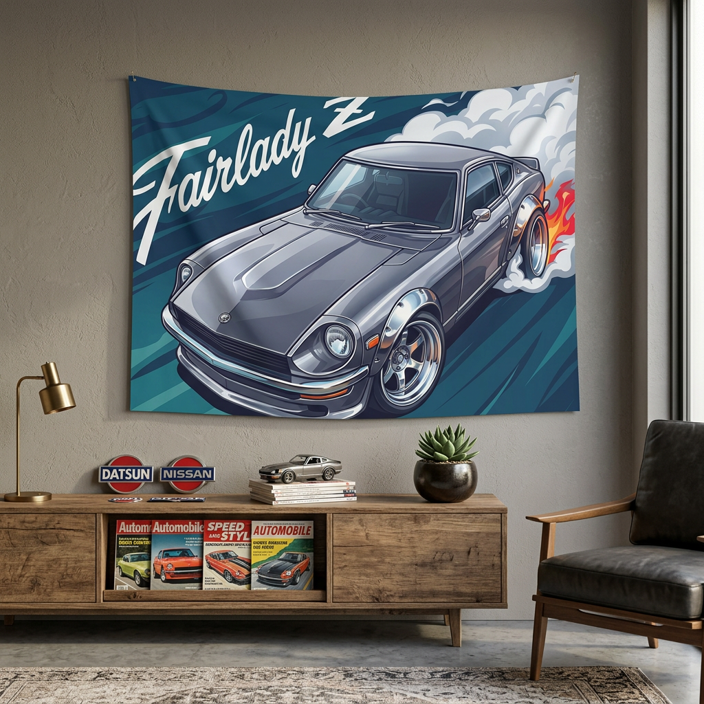 Datsun Fairlady Z S30 Grey Chrome Wheels Aerial Bold Graphic Car Wall Art Tapestry