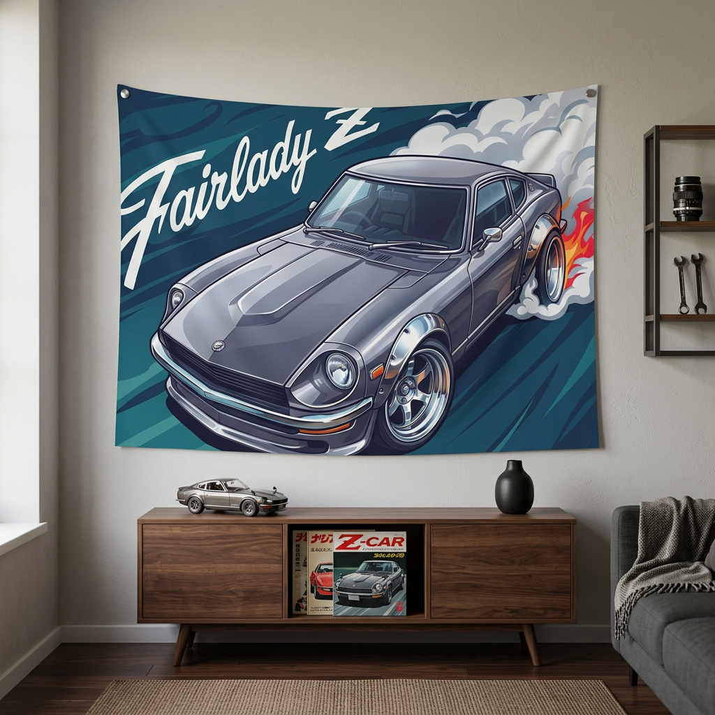 Datsun Fairlady Z S30 Grey Chrome Wheels Aerial Bold Graphic Car Wall Art Tapestry
