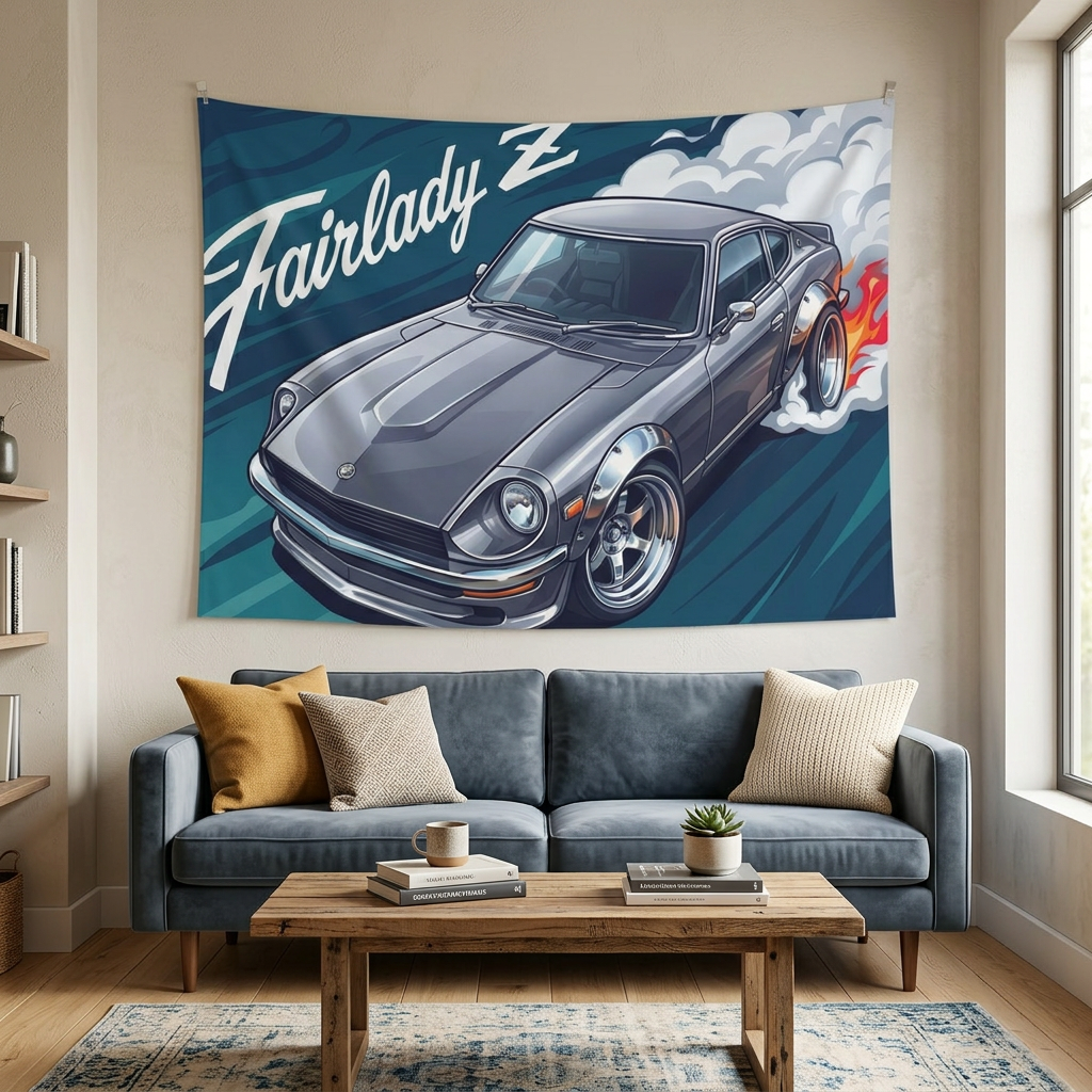 Datsun Fairlady Z S30 Grey Chrome Wheels Aerial Bold Graphic Car Wall Art Tapestry