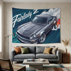 Datsun Fairlady Z S30 Grey Chrome Wheels Aerial Bold Graphic Car Wall Art Tapestry