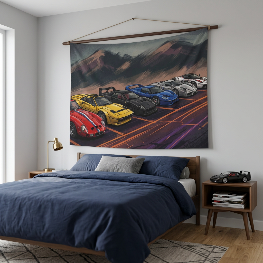 Ferrari Legends 250 GTO F40 F50 Enzo Illustrated Lineup Car Wall Art Tapestry