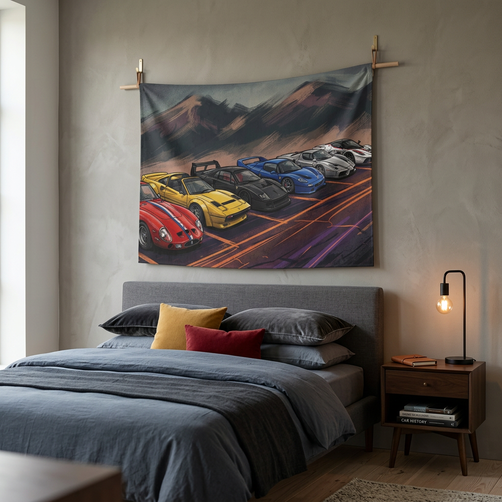 Ferrari Legends 250 GTO F40 F50 Enzo Illustrated Lineup Car Wall Art Tapestry