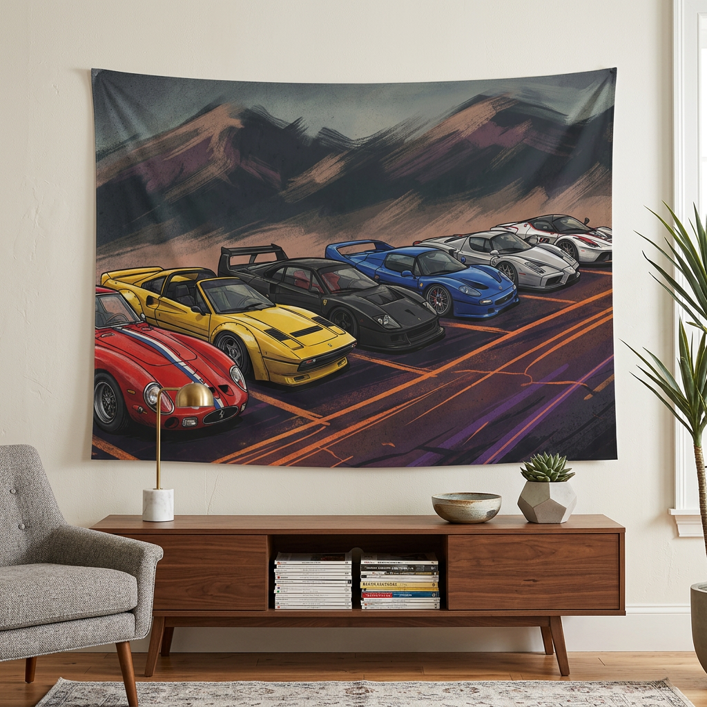 Ferrari Legends 250 GTO F40 F50 Enzo Illustrated Lineup Car Wall Art Tapestry