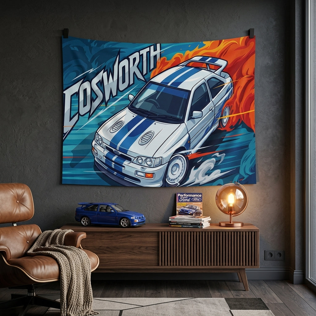 Ford Escort RS Cosworth White Blue Stripe Whale Tail Aerial Bold Graphic Car Wall Art Tapestry