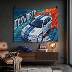 Ford Escort RS Cosworth White Blue Stripe Whale Tail Aerial Bold Graphic Car Wall Art Tapestry