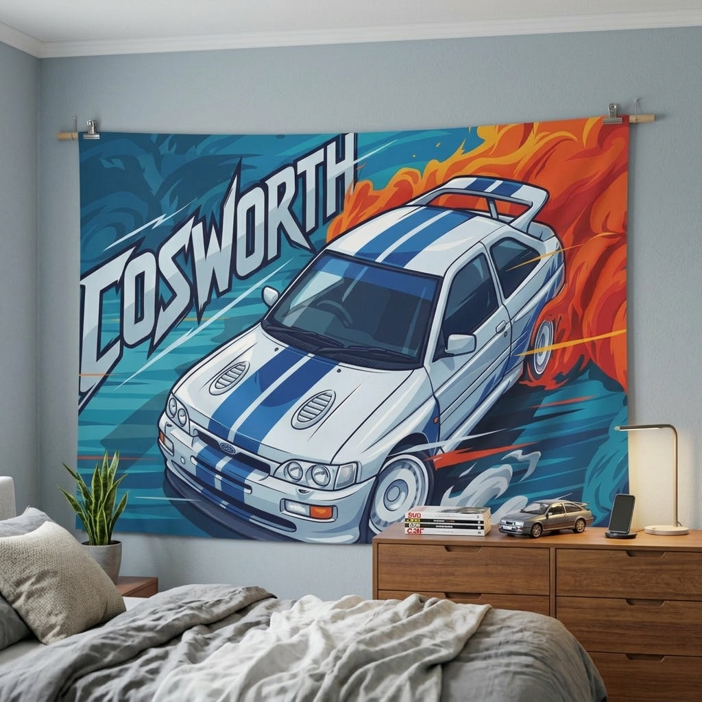 Ford Escort RS Cosworth White Blue Stripe Whale Tail Aerial Bold Graphic Car Wall Art Tapestry
