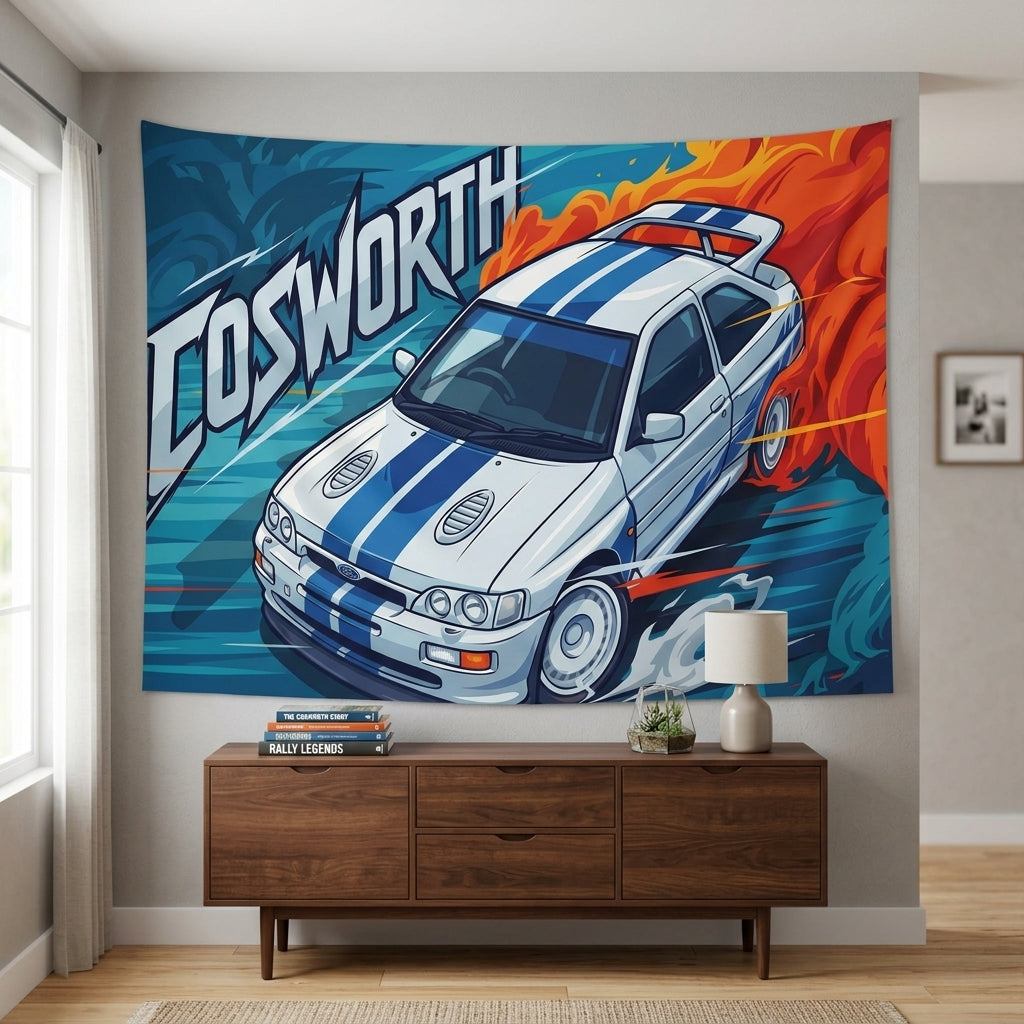 Ford Escort RS Cosworth White Blue Stripe Whale Tail Aerial Bold Graphic Car Wall Art Tapestry
