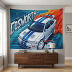Ford Escort RS Cosworth White Blue Stripe Whale Tail Aerial Bold Graphic Car Wall Art Tapestry