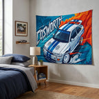 Ford Escort RS Cosworth White Blue Stripe Whale Tail Aerial Bold Graphic Car Wall Art Tapestry