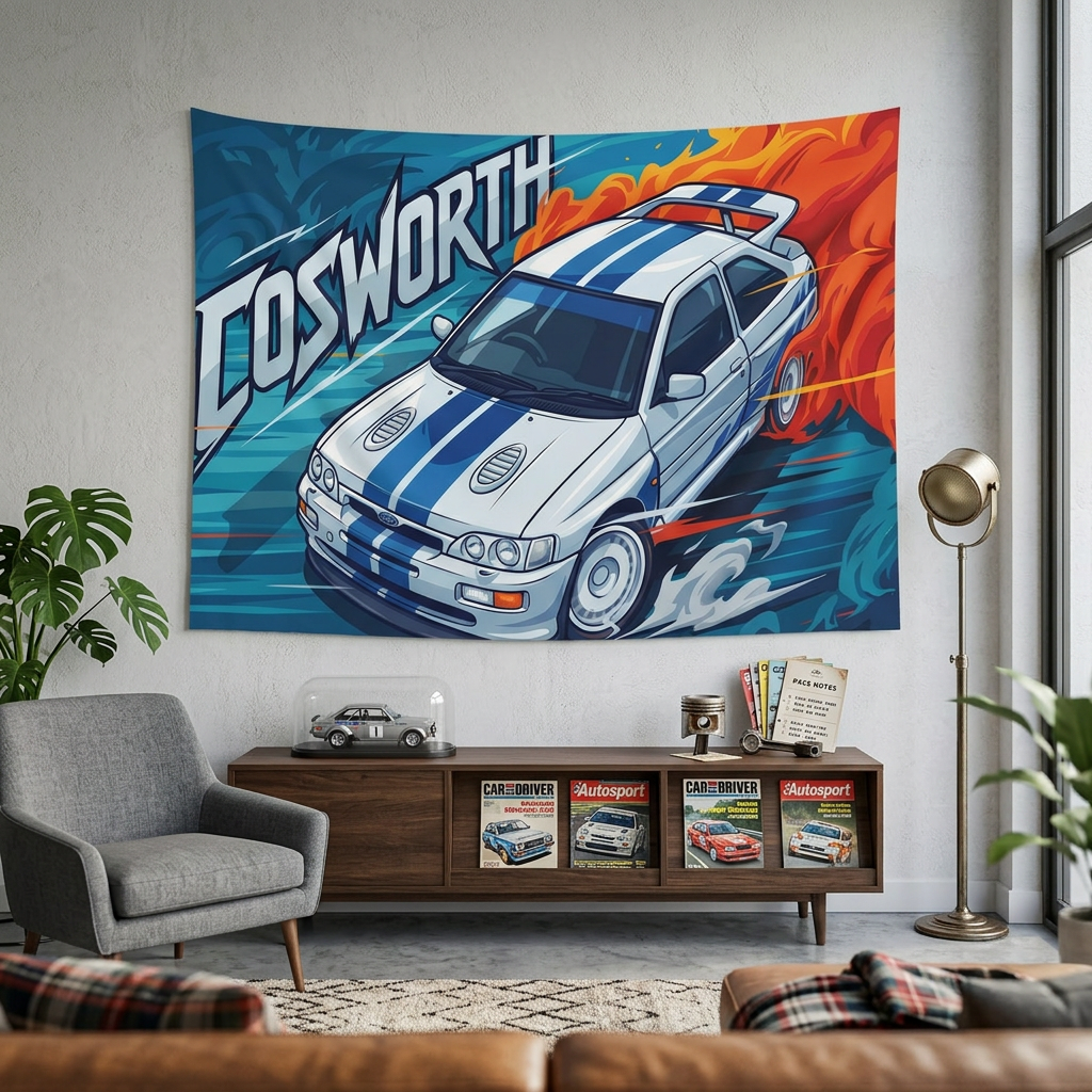 Ford Escort RS Cosworth White Blue Stripe Whale Tail Aerial Bold Graphic Car Wall Art Tapestry