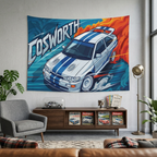 Ford Escort RS Cosworth White Blue Stripe Whale Tail Aerial Bold Graphic Car Wall Art Tapestry