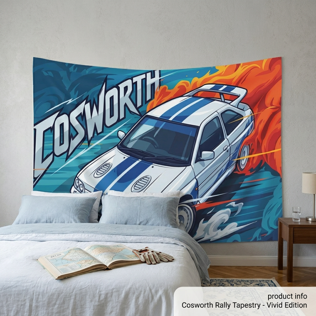 Ford Escort RS Cosworth White Blue Stripe Whale Tail Aerial Bold Graphic Car Wall Art Tapestry