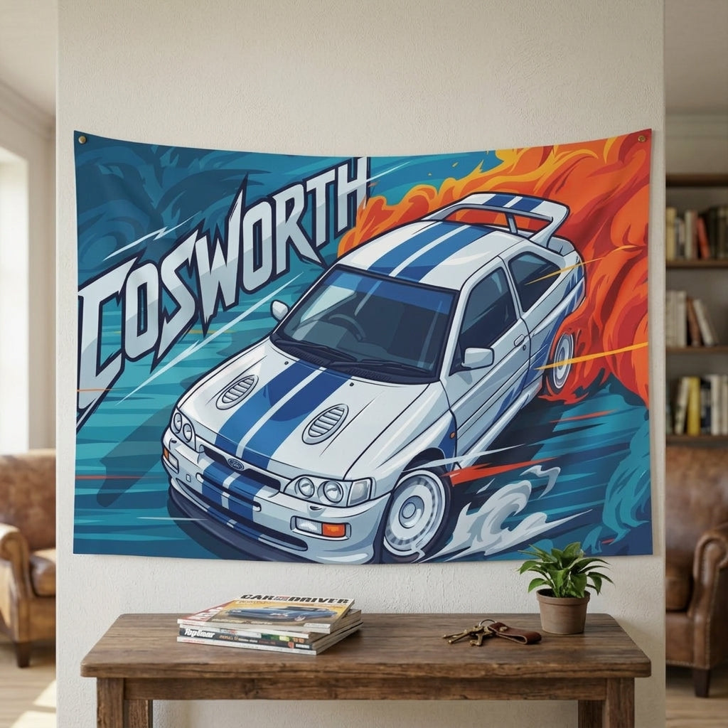 Ford Escort RS Cosworth White Blue Stripe Whale Tail Aerial Bold Graphic Car Wall Art Tapestry