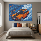 Ford Fiesta MK2 Orange Black Stripe Classic Aerial Bold Graphic Car Wall Art Tapestry