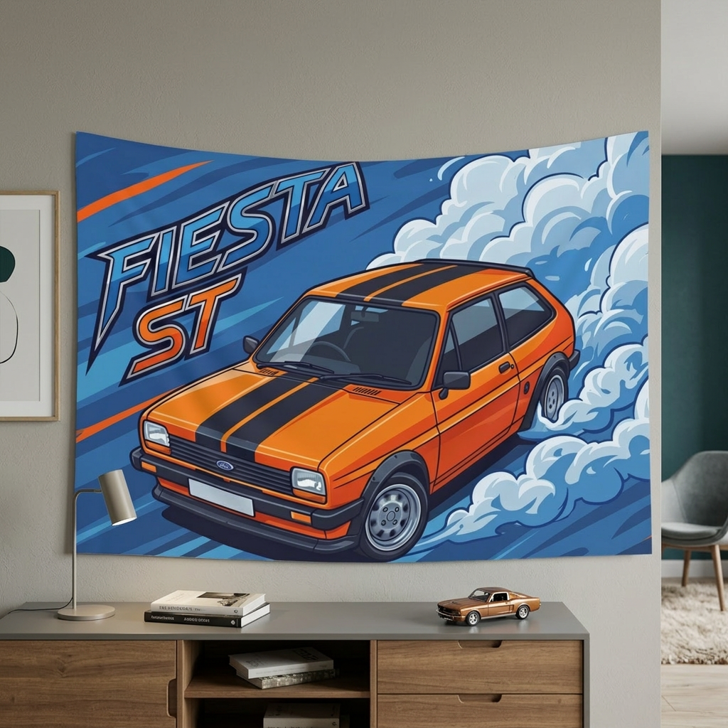 Ford Fiesta MK2 Orange Black Stripe Classic Aerial Bold Graphic Car Wall Art Tapestry