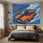 Ford Fiesta MK2 Orange Black Stripe Classic Aerial Bold Graphic Car Wall Art Tapestry