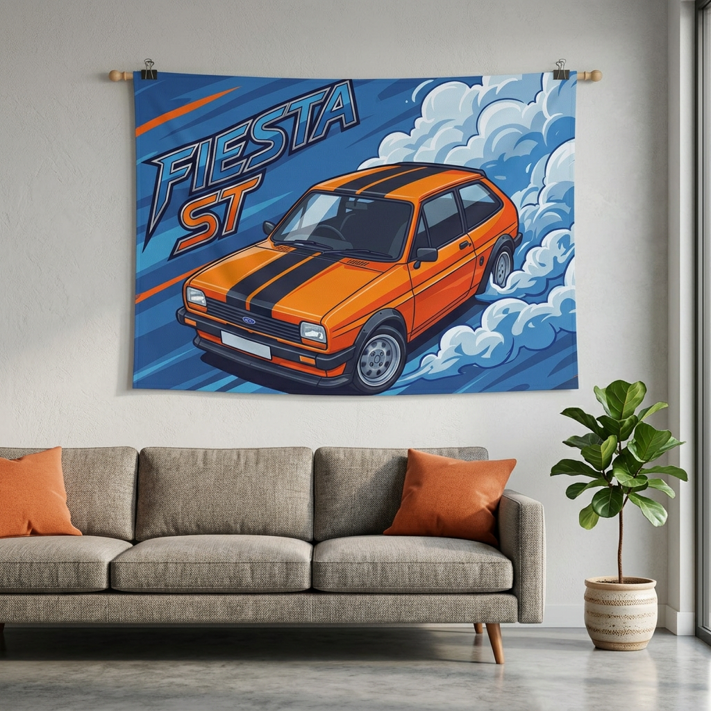 Ford Fiesta MK2 Orange Black Stripe Classic Aerial Bold Graphic Car Wall Art Tapestry