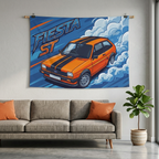 Ford Fiesta MK2 Orange Black Stripe Classic Aerial Bold Graphic Car Wall Art Tapestry