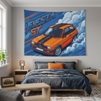 Ford Fiesta MK2 Orange Black Stripe Classic Aerial Bold Graphic Car Wall Art Tapestry