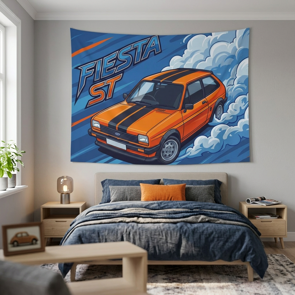 Ford Fiesta MK2 Orange Black Stripe Classic Aerial Bold Graphic Car Wall Art Tapestry