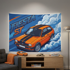 Ford Fiesta MK2 Orange Black Stripe Classic Aerial Bold Graphic Car Wall Art Tapestry