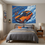 Ford Fiesta MK2 Orange Black Stripe Classic Aerial Bold Graphic Car Wall Art Tapestry
