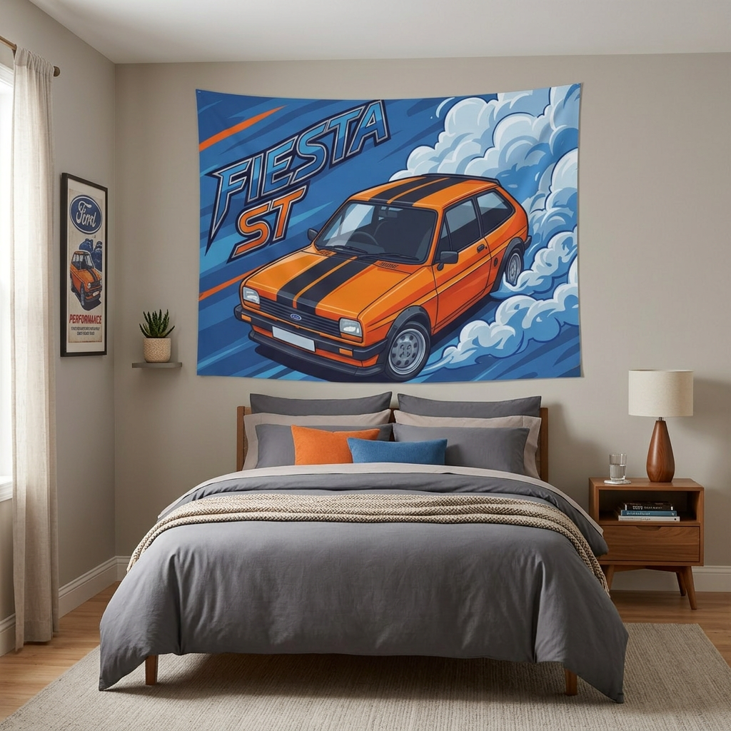 Ford Fiesta MK2 Orange Black Stripe Classic Aerial Bold Graphic Car Wall Art Tapestry