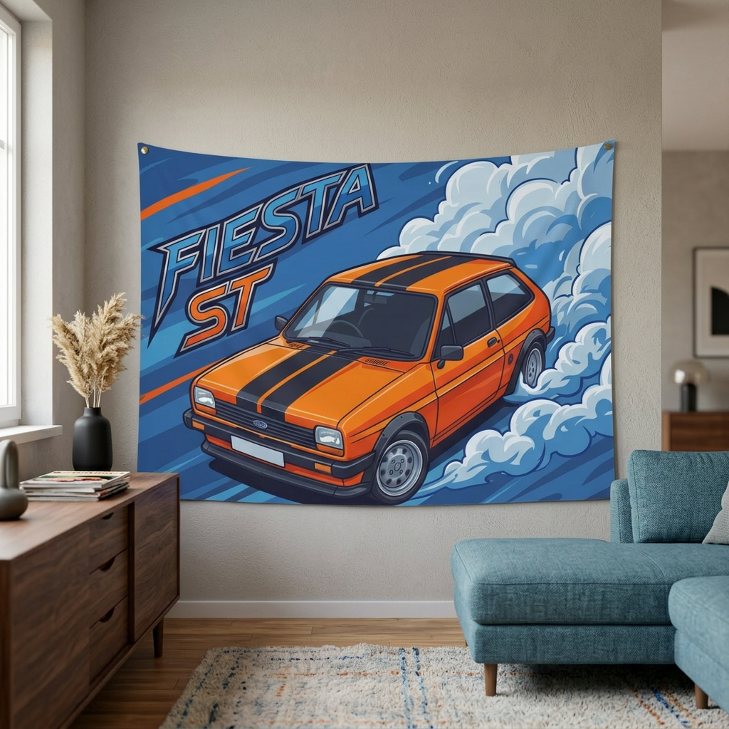 Ford Fiesta MK2 Orange Black Stripe Classic Aerial Bold Graphic Car Wall Art Tapestry