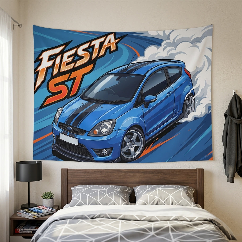 Ford Fiesta ST MK6 Blue Black Bonnet Stripe Silver Alloys Bold Graphic Car Wall Art Tapestry