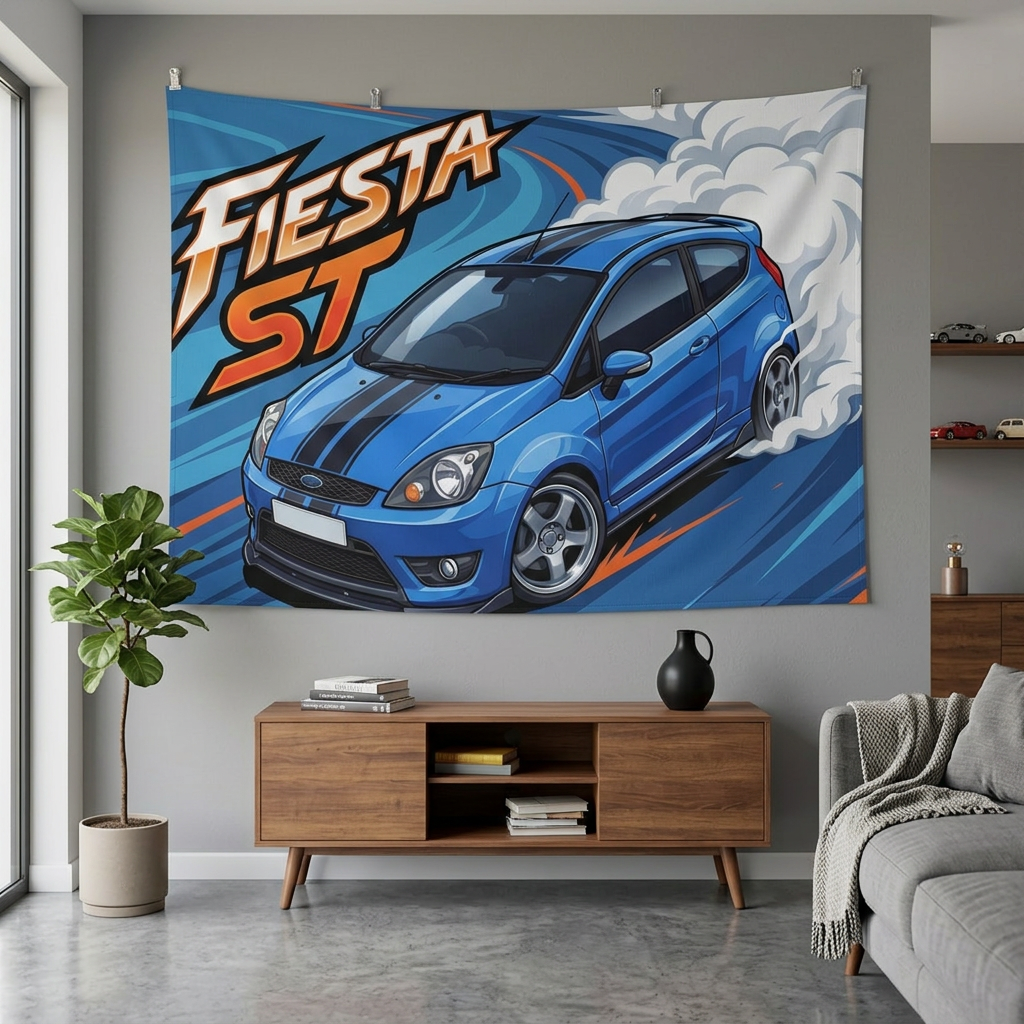 Ford Fiesta ST MK6 Blue Black Bonnet Stripe Silver Alloys Bold Graphic Car Wall Art Tapestry