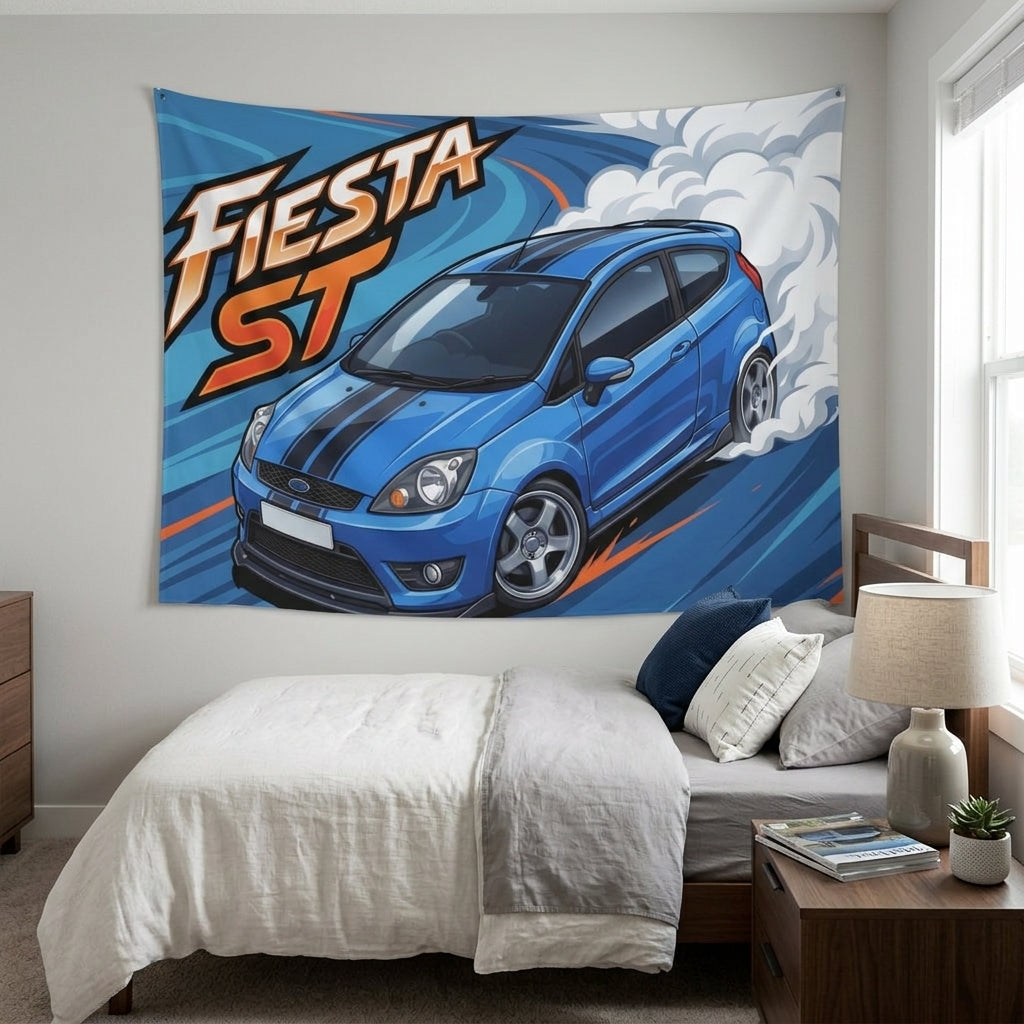 Ford Fiesta ST MK6 Blue Black Bonnet Stripe Silver Alloys Bold Graphic Car Wall Art Tapestry