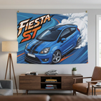 Ford Fiesta ST MK6 Blue Black Bonnet Stripe Silver Alloys Bold Graphic Car Wall Art Tapestry