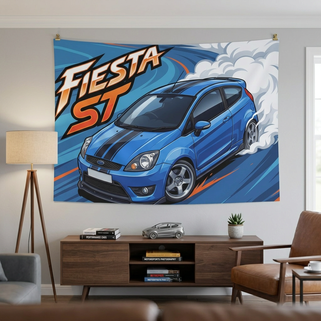 Ford Fiesta ST MK6 Blue Black Bonnet Stripe Silver Alloys Bold Graphic Car Wall Art Tapestry