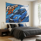 Ford Fiesta ST MK6 Blue Black Bonnet Stripe Silver Alloys Bold Graphic Car Wall Art Tapestry