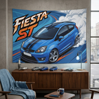 Ford Fiesta ST MK6 Blue Black Bonnet Stripe Silver Alloys Bold Graphic Car Wall Art Tapestry