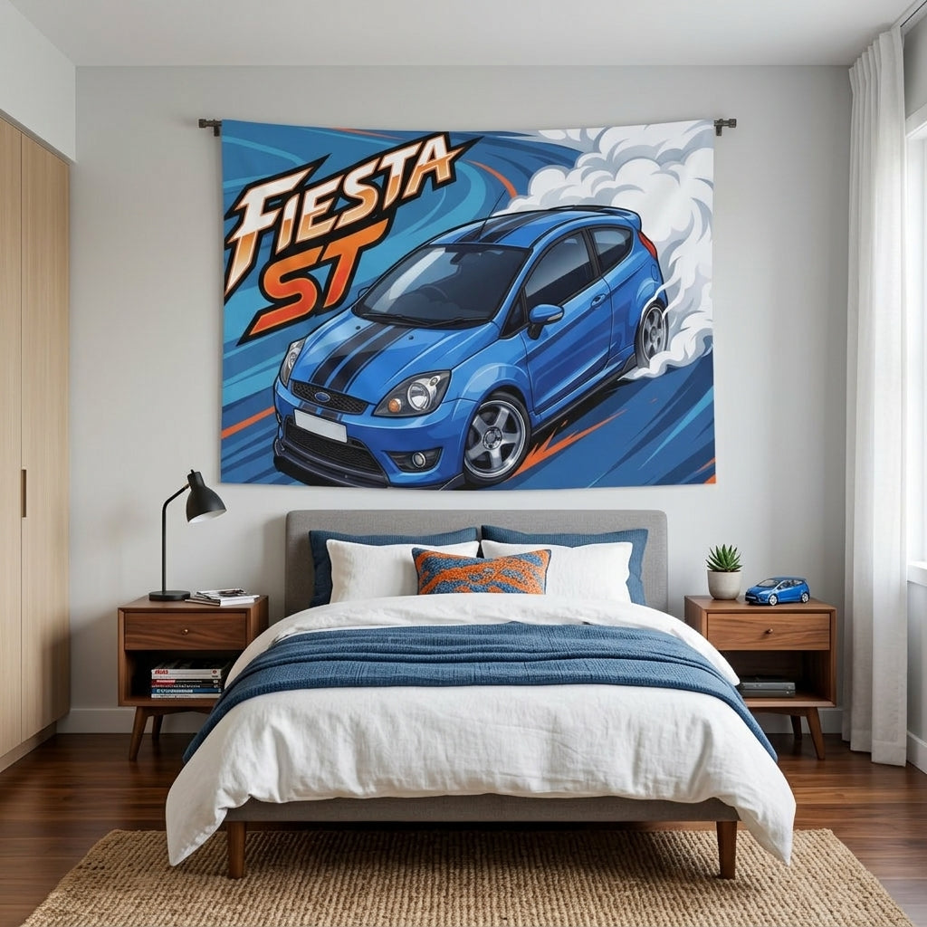 Ford Fiesta ST MK6 Blue Black Bonnet Stripe Silver Alloys Bold Graphic Car Wall Art Tapestry